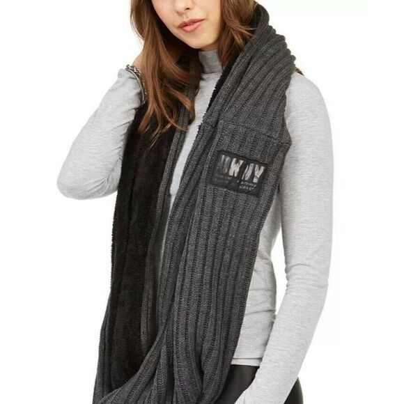 $58.00 DKNY Fleece-Lined Knit Infinity Scarf, Gray - Picture 1 of 13